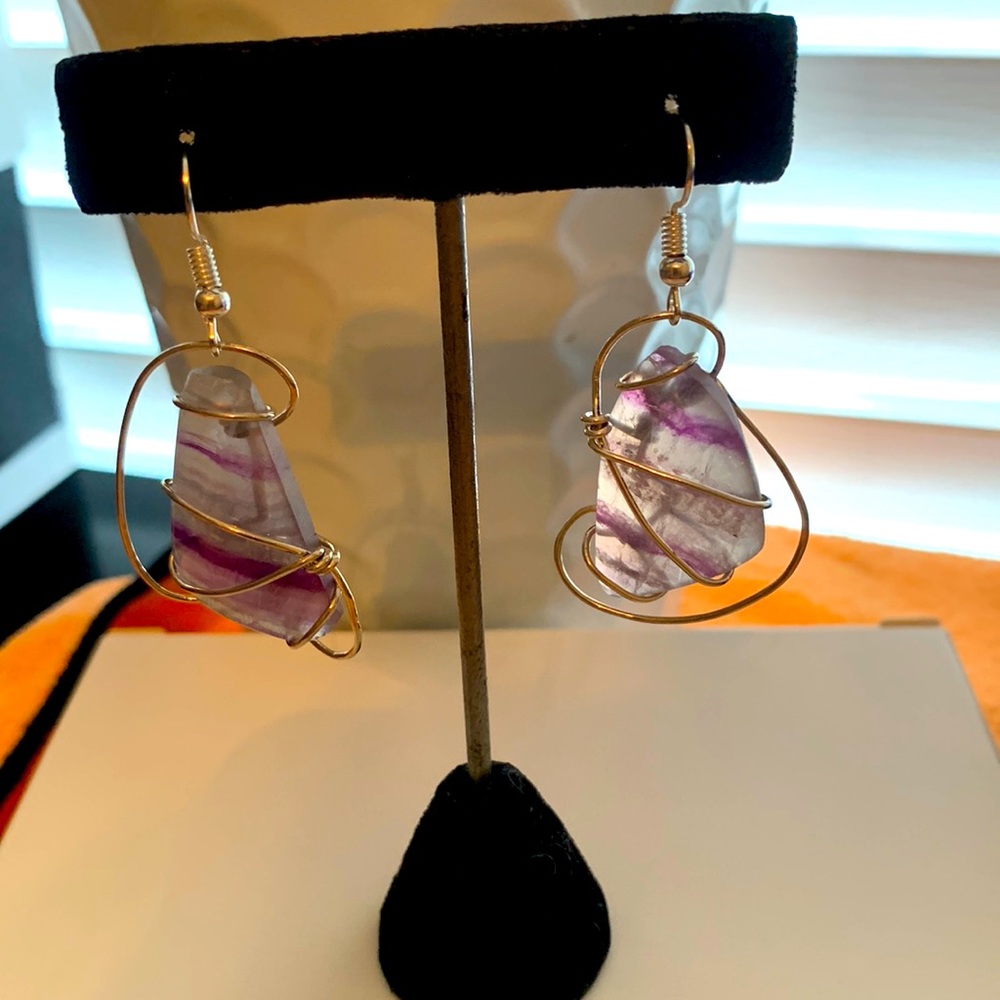 Wired Wrapped Purple Stone  Dangle Earrings